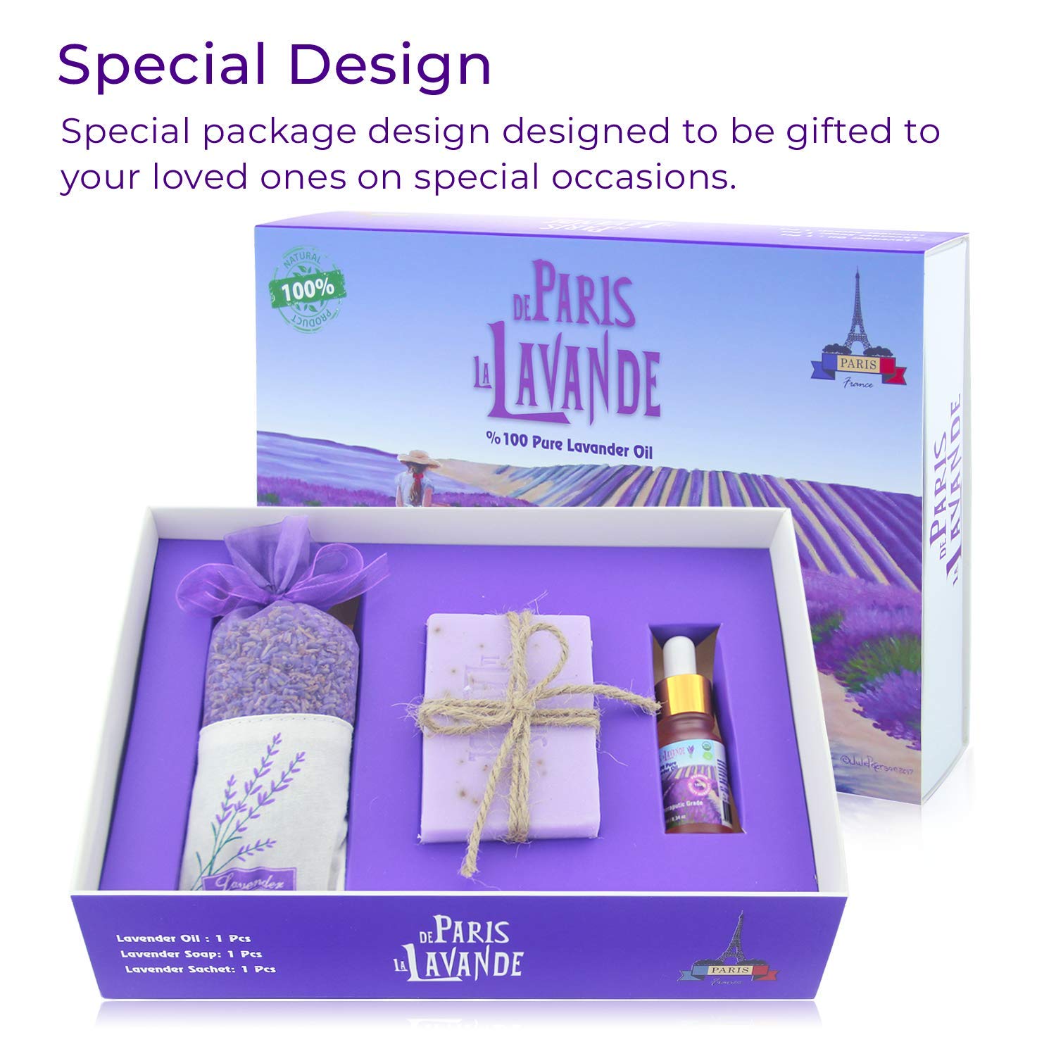 De Paris Le Lavande-Lavender Oil 10 milliliter- Glass Dropper-Lavender Bar Soap- Lavender Sachet-100 Percent Pure- All Natural -Sleep Aroma Therapy, Relaxing Bath, and  Massage