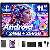 Android 16 Tablet 11 Inch with Gemini AI, T7250 Octa-Core 24GB RAM | 256GB ROM /2TB TF, 16MP+8MP, 1920x1200 IPS HD Display, 8000mAh, Widevine L1, GPS, 2 in 1 Tablets with Keyboard Mouse Stylus
