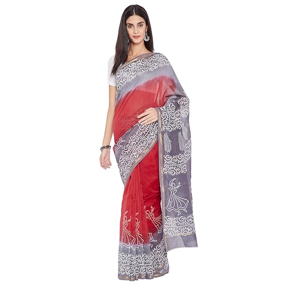 Chanderi -Colourblocked-Handmade blockprints with Blouse Piece RDSNSA0132