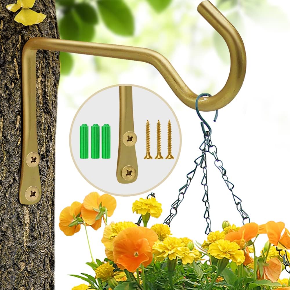 Outdoor Hanging Brackets - Surnuo 2 Pack 6 inch Heavy Duty Metal Hanging Plant Hanger Hooks Golden for Hanging Planters, Bird Feeders, Lanterns, Wind Chimes