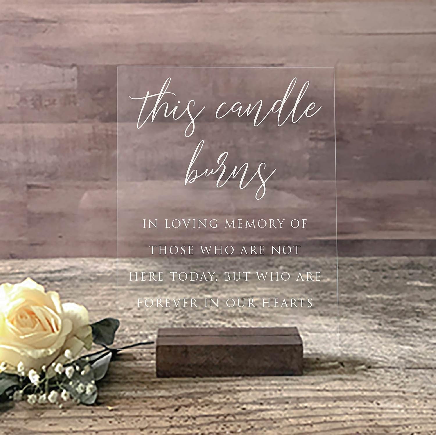 Mixed Media - Memory Table Sign on Acrylic This Candle Burns | Lucite In Loving Memory Sign | In Loving Memory Acrylic Wedding Sign (5X7, Dark Walnut Stand)