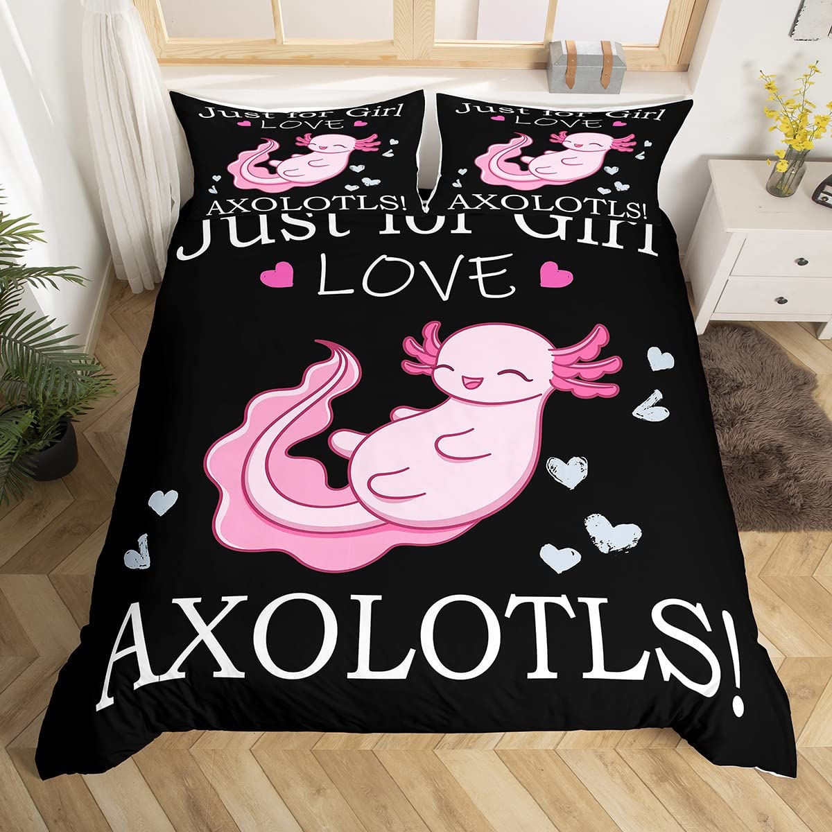 Loussiesd Cartoon Axolotl Bedding Set for Girls Boys Children Kawaii Axolotl Comforter Cover 3D Animals Sweetheart Duvet Cover Salamander Pink Black Bedspread Cover Double Size 3Pcs
