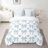 Erosebridal Blue Bowknot Comforter Set 7 Piece Full Size, Love Heart Bedding Sets for Kids Girls Boys Children Teens Bedroom, Girly Princess Bow Bed in A Bag Women Bow Knot Kawaii Decor Bed Cover