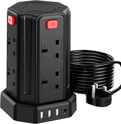 Sameriver 8 Way Tower Extension Lead with 4 USB Ports 3M 3250W Surge Protect