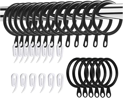 WOVTE 50 Pack Curtain Rings and Hooks 30mm Drapery Sliding Eyelets Black/White