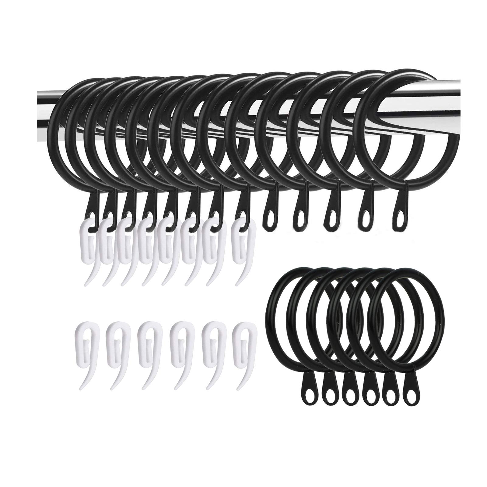 50 Pack Curtain Rings and Hooks, 30mm Metal Drapery Hanging Rings & 50pcs Curtain Hooks Plastic White for Curtains and Rods, Drape Sliding Eyelet Rings(Black, 50 Pack)