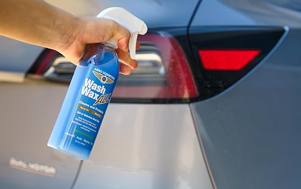 WET OR WATERLESS CAR WASH WAX 32 FL. OZ, UV PROTECTION. CLEANS, PROTECTS, AND SHINES. AIRCRAFT QUALITY JUST SPRAY ON AND WIPE DRY ANYWHERE, ANYTIME, HOME, OFFICE, SCHOOL, GARAGE, PARKING LOTS.
