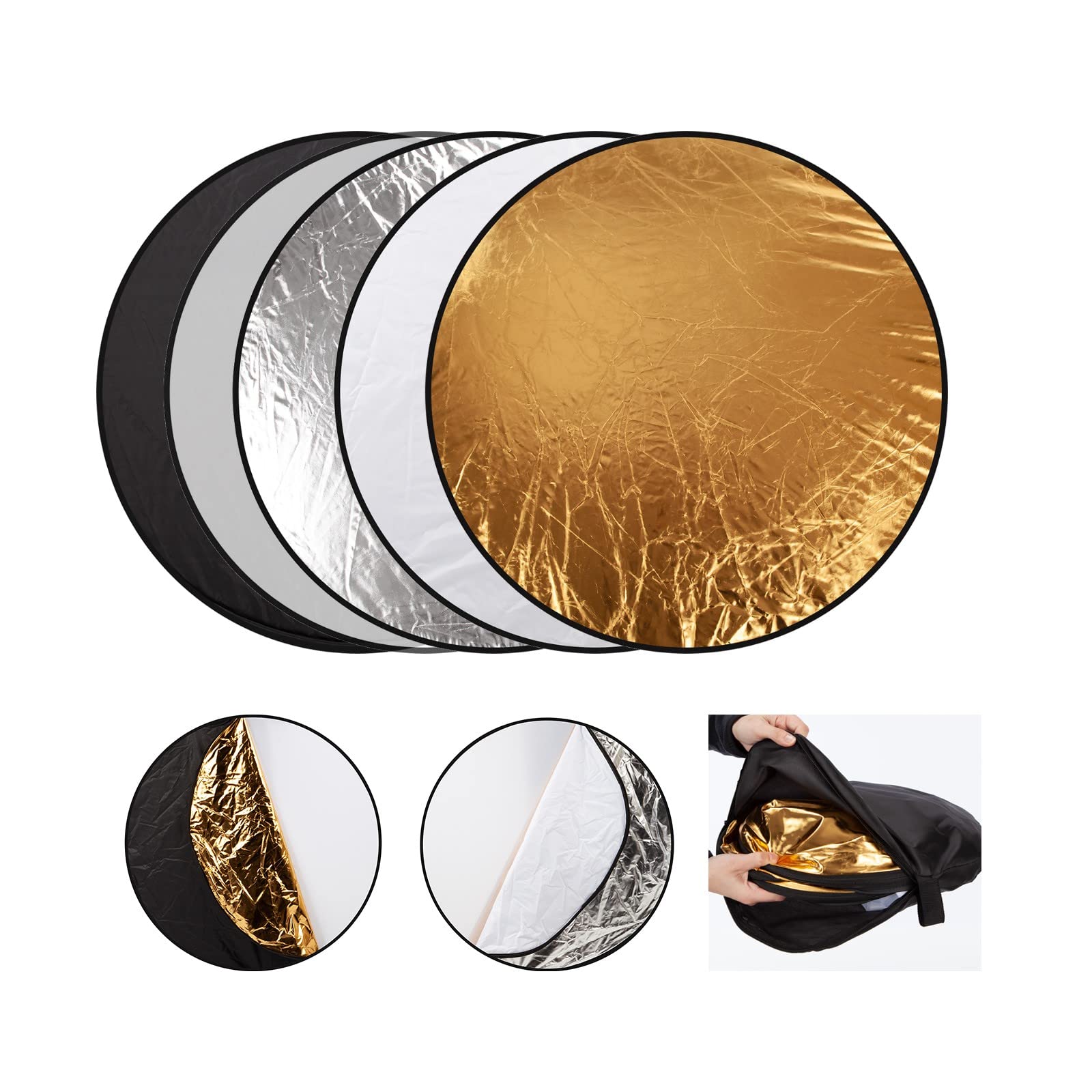 60cm Portable 5-in-1 Collapsible Light Reflector Studio Photography Multi Round Disc Light Reflector, Translucent, Silver, Gold, White, and Black