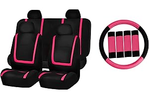 FH Group Automotive Seat Covers Unique Flat Cloth Pink Full Set, Combo Steering Wheel Cover and Seat Belt Pads Rear Solid Bench Universal Fit for Vans Cars Trucks and SUV Interior Accessories