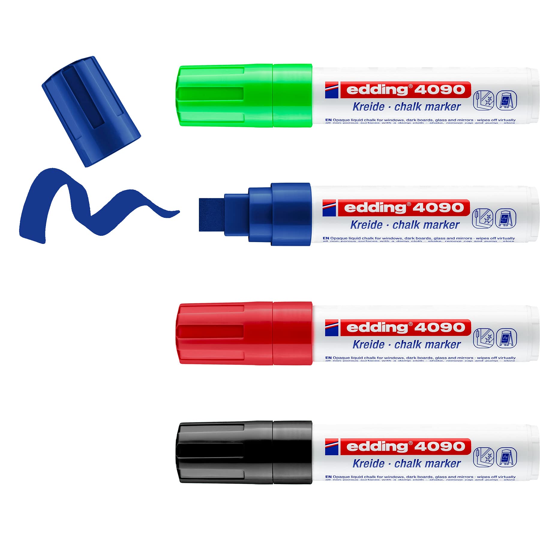 edding 4090 chalk marker pen set - black, red, blue, green - 4 chalk pens - chisel nib 4-15 mm - drywipe pen for chalkboards,windows,glass,mirrors - liquid chalk marker pens for opaque coverage