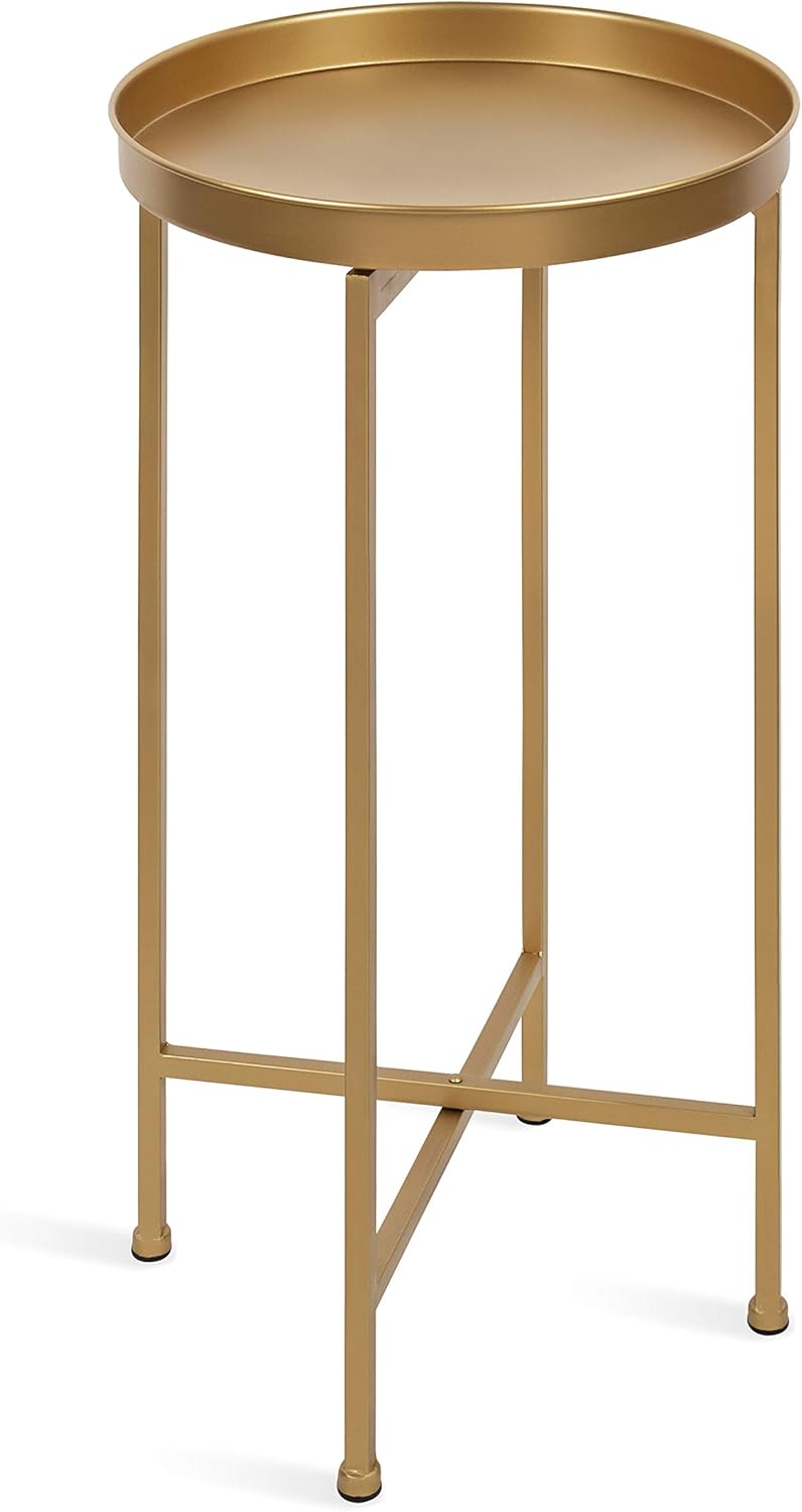 Kate and Laurel Celia Round Metal Foldable Accent Table with Tray Top, Gold: Furniture & Decor