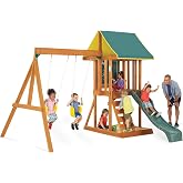 KidKraft Appleton Wooden Swing Set, (Amazon Exclusive) | Rock Wall, Wavy Slide, Vinyl Canopy, 2 Swings, Sandbox Area, For Ages 3+