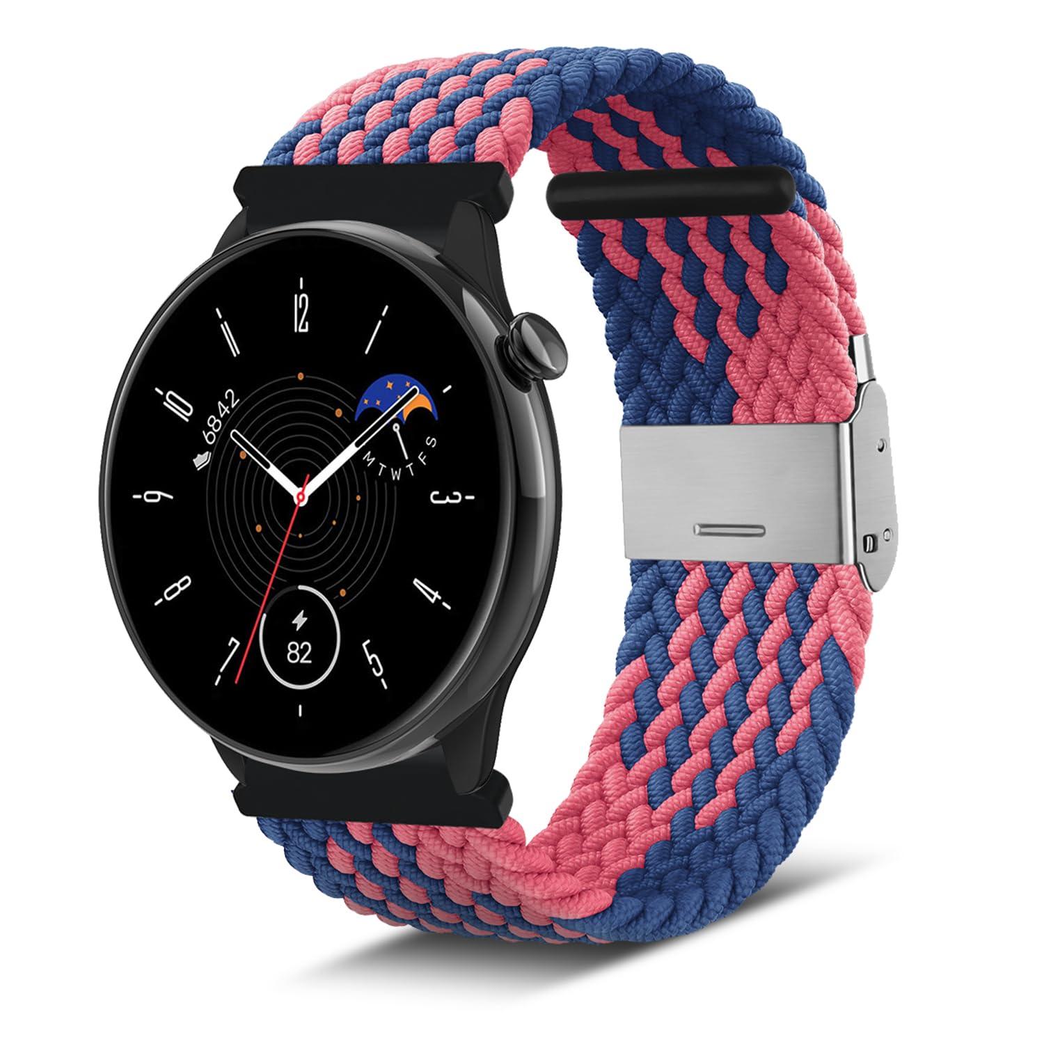 Niboow 20mm Strap for Amazfit T-Rex 3 Pro 44mm/Active 2/Active/GTS 4/GTS 4 Mini/GTS 3/GTS 2 Mini, Elastic Nylon Braided Watch Bands for Amazfit GTR Mini/Bip 3/Bip 3 Pro/Bip Lite/Bip U Pro - Blue/Pink — image 1