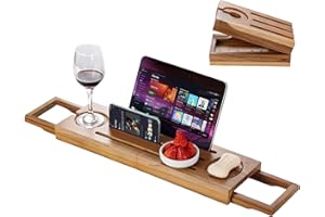 FLYJOE Foldable Teak Bathtub Tray with Expandable Handles - Luxury Small Bathtub Caddy with Wine Glass & Phone Holder for Spa Relaxation & Bath Tub Accessories
