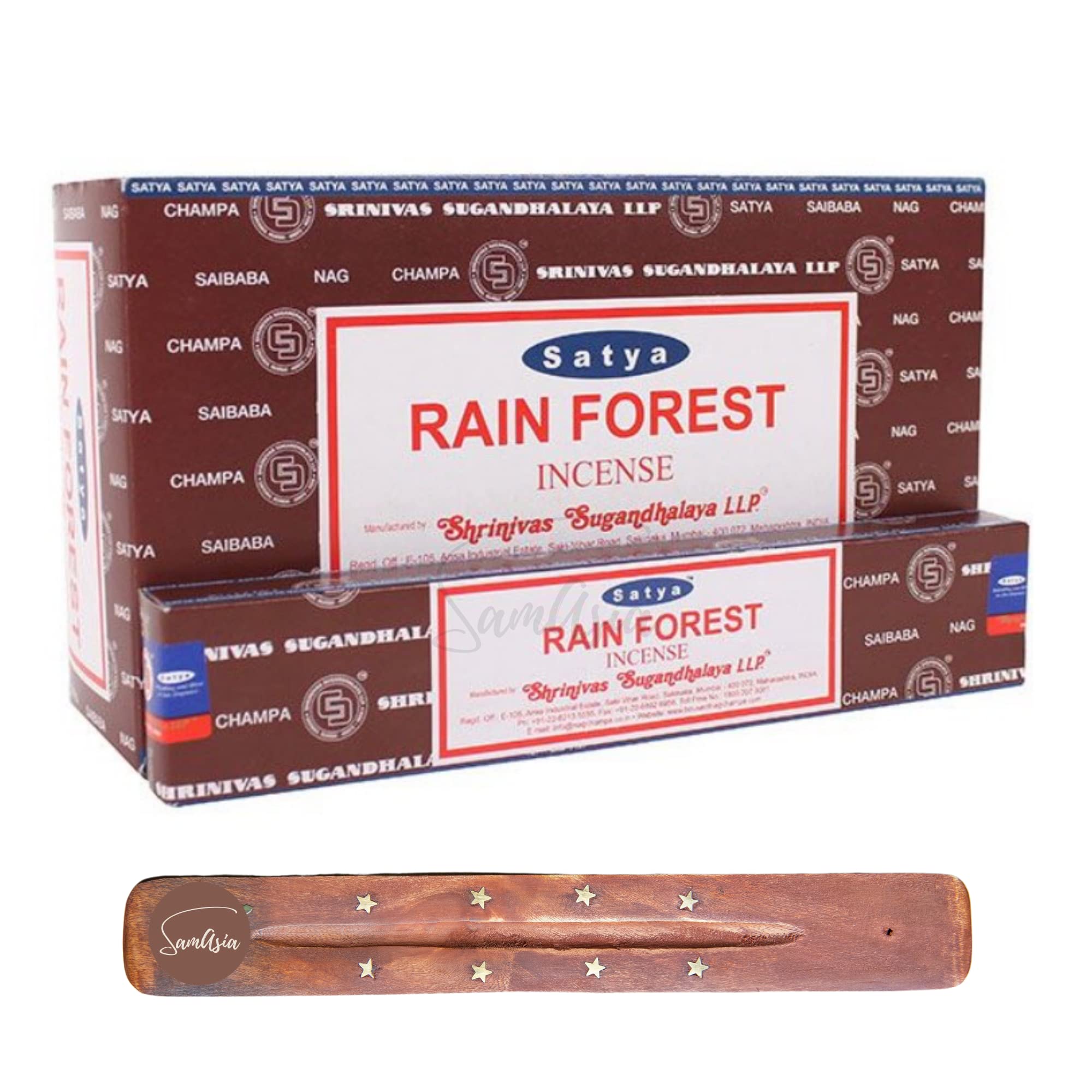 Satya Nag Champa Rain Forest Incense Sticks | x12 pack | with SAMASIA incense sticks holder | Used for Raomatherapy, Spa, Yoga, Weddings, Meditation, Healing, Positivity and Relaxation โ image 1