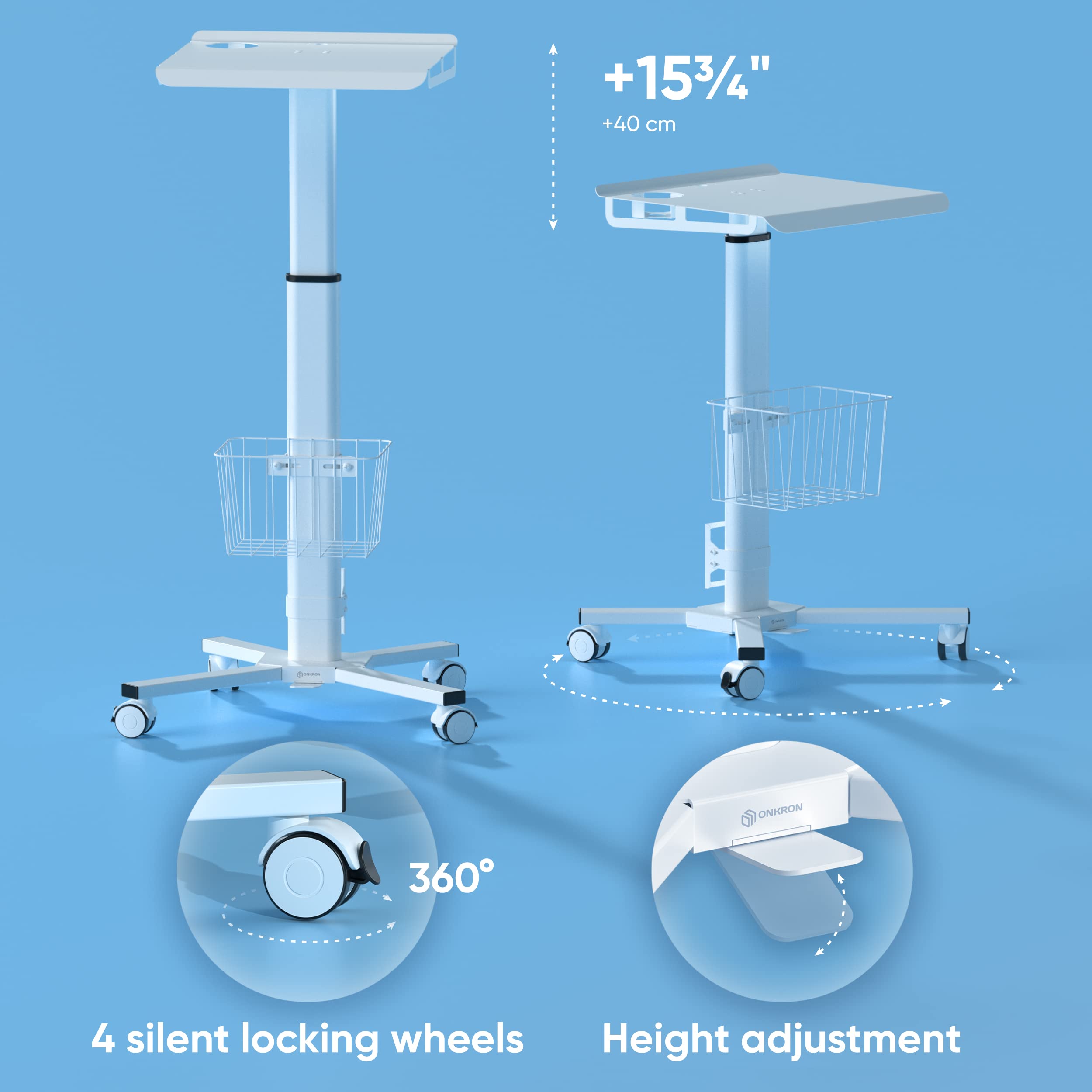 ONKRON Mobile Laptop Cart on Wheels with Load up to 17.6 lbs, Height Adjustable Side Table with Wheels & Storage, Portable Workstation for Laptop/Small Rolling Desk for Couch White