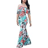 Suimiki Vintage Ruffle Plain Floral Printed Off Shoulder Bodycon Long Party Maxi Dress Black Small