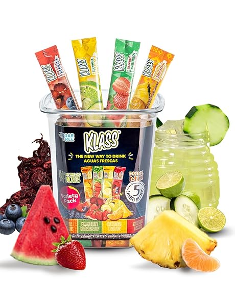 KLASS AGUAS FRESCAS POWDERED DRINK MIX | 44 SUGAR FREE POWDER PACKETS | FLAVORS – CUCUMBER LIMEADE PINEAPPLE TANGERINE STRAWBERRY WATERMELON & HIBISCUS BERRIES – WATER ENHANCER TO GO!