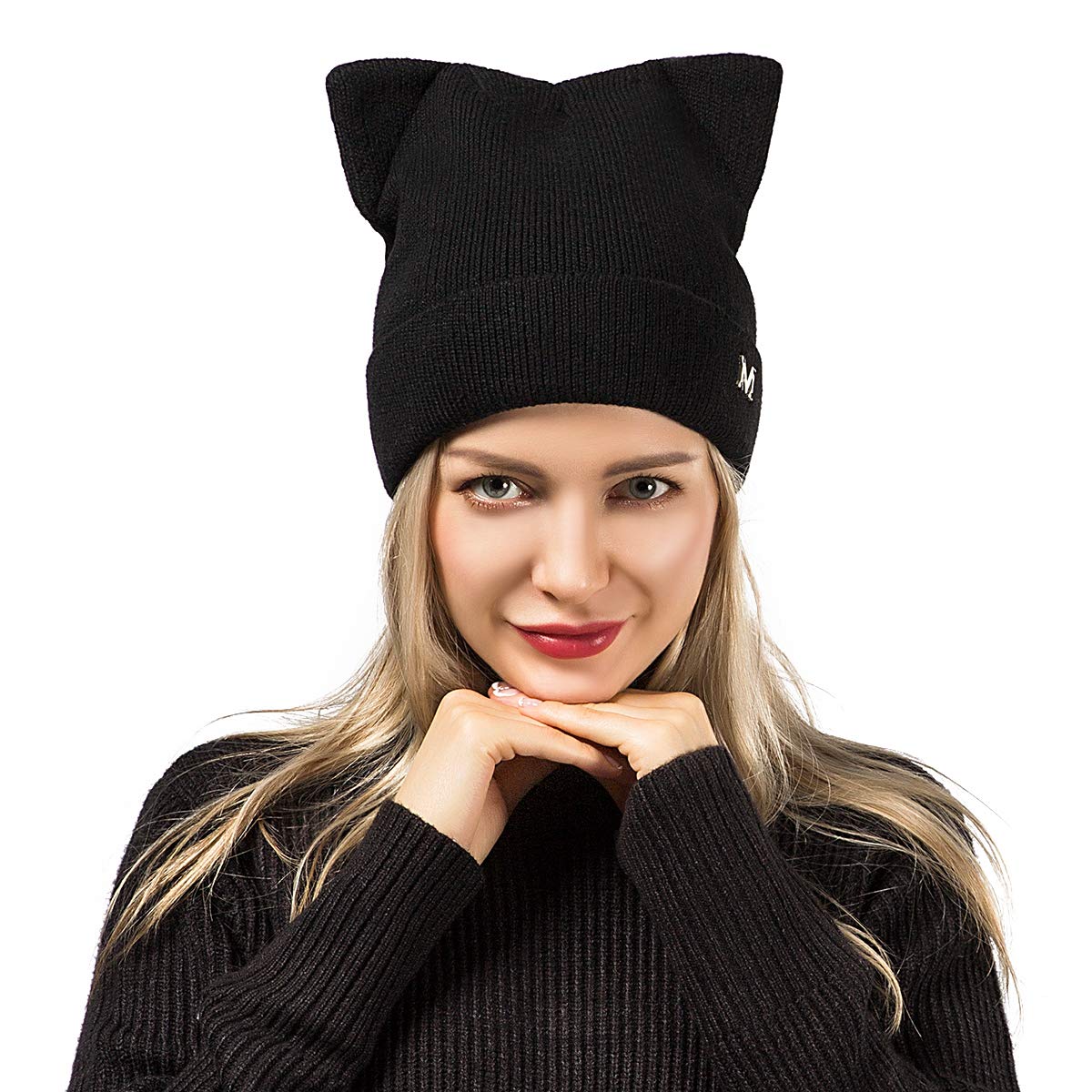Flowomen Womens Winter Hat Cat Ear Hat with Warm Knit Crochet Slouchy Beanie Hat for Women (Black)