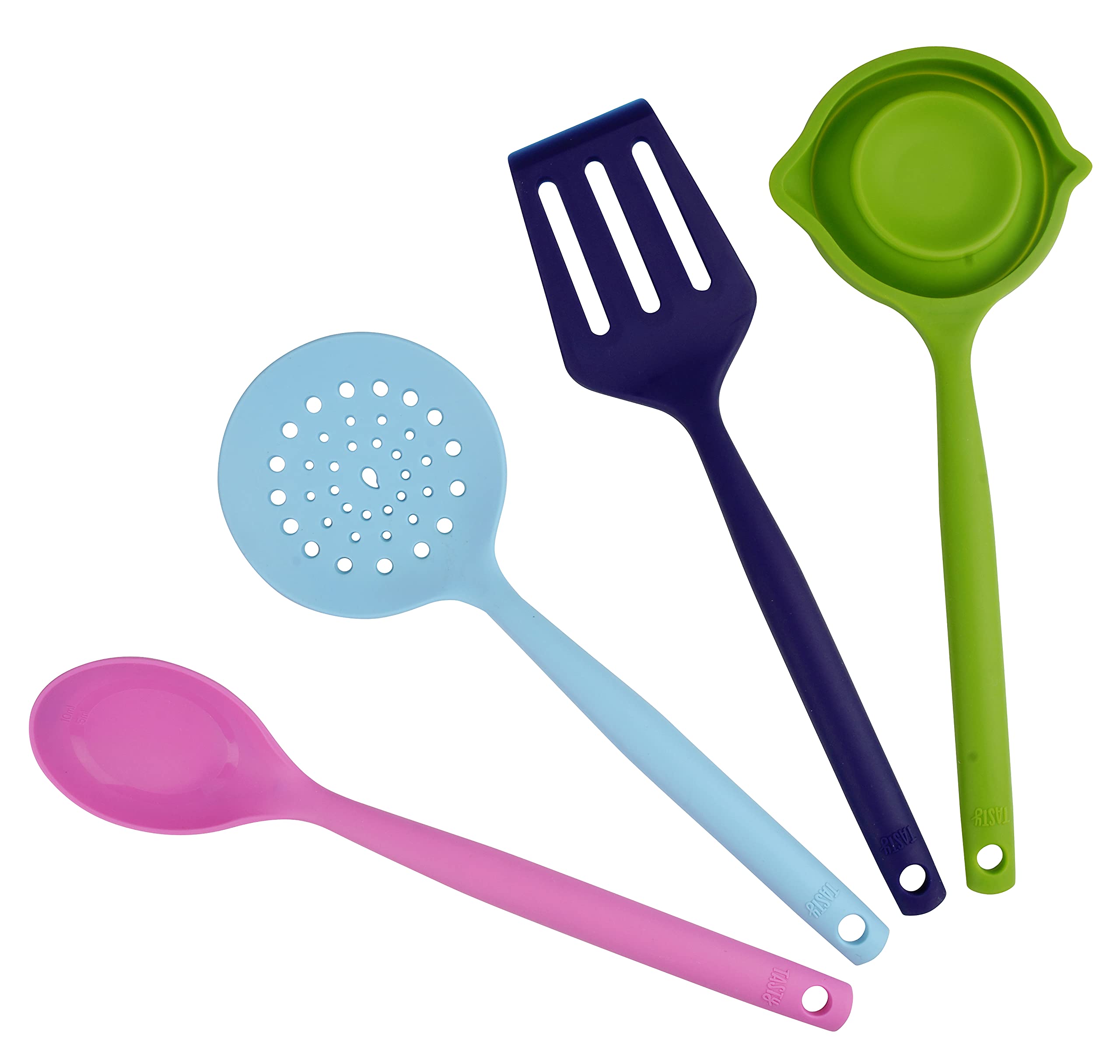 Tasty 4 Piece Kitchen Spoon Set, Colourful Silicone Utensils, Including Slotted Spoon, Straining Spoon, Serving Spoon and Ladle, Kitchen Gadget Set, Colour: Dark Blue, Blue, Pink, Green
