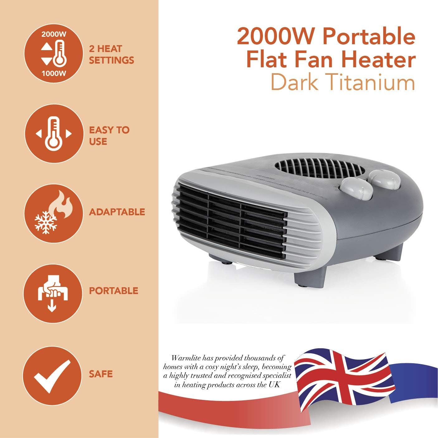 Warmlite 2000W Portable Flat Fan Heater with 2 Heat Settings and Overheat Protection, Dark Titanium, WL44004DT - Image 3