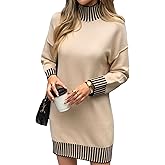 HEBELD Color Block Sweater Dress for Women Mini - Long Sleeve, Mock Neck, Short Knit Dresses, Casual Fall Dresses