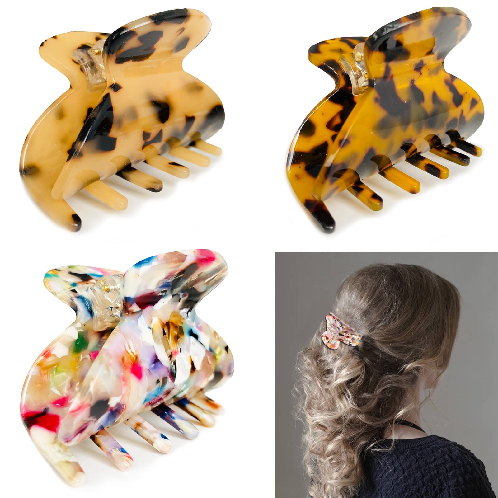 Pack of 3 Acetate Hair Clips, Non-Slip Hair Claw Clips, Medium Hair Claw for Medium and Thin Hair