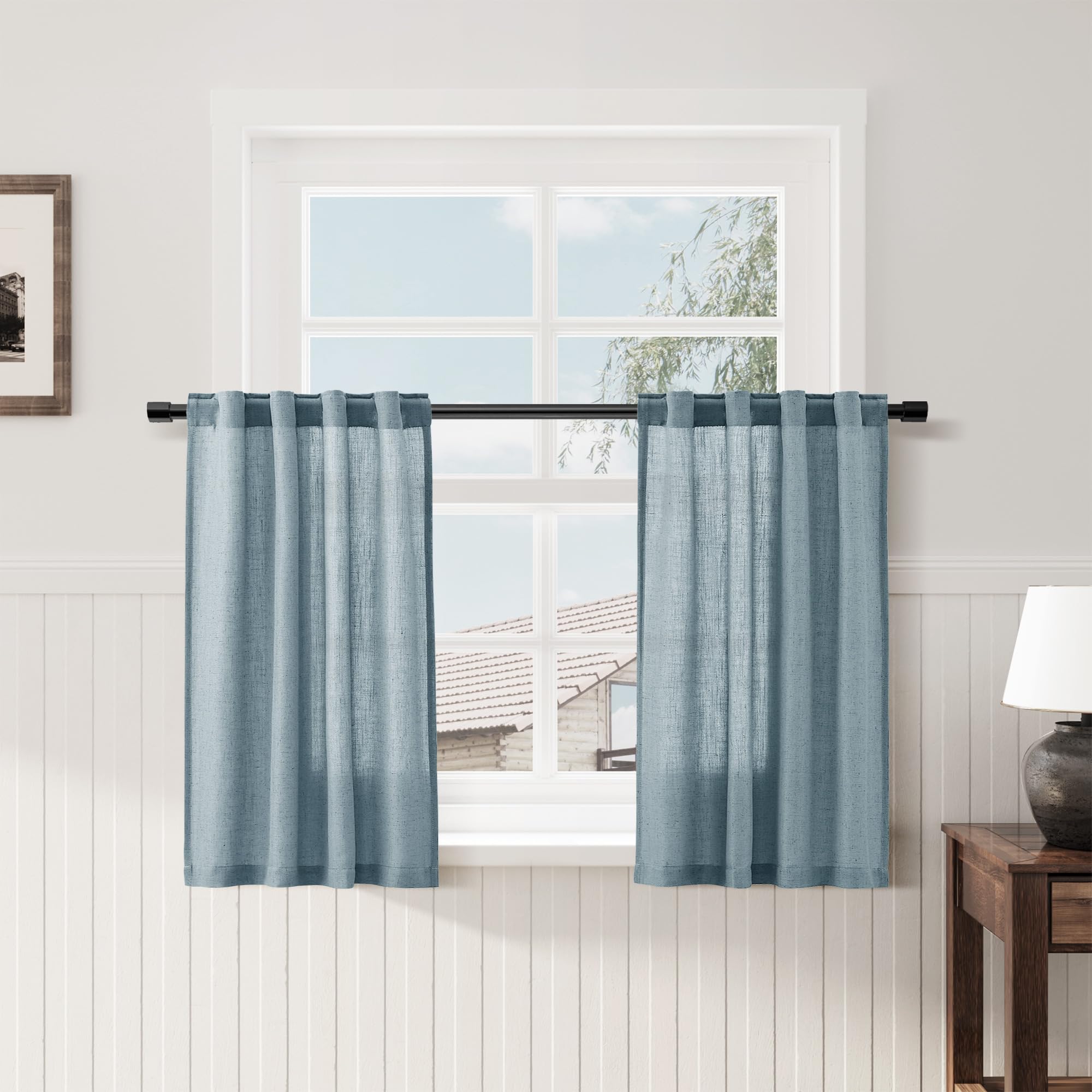 Light Blue Linen Kitchen Curtains 36 Inch Length 2 Pack Light Filtering Semi Industrial Style Transparent Linen Blend Short Drapes Back Tab Rod Pocket for Small Windows Cafe Bathroom Garage 26Wx36L