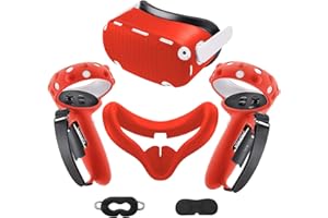 KANG YU Compatible with Oculus Quest 2 Accessories, Silicone Face Cover, VR Shell Cover, Touch Controller Lengthening Grip Cover with Battery Opening Adjustable with Knuckle Straps Red