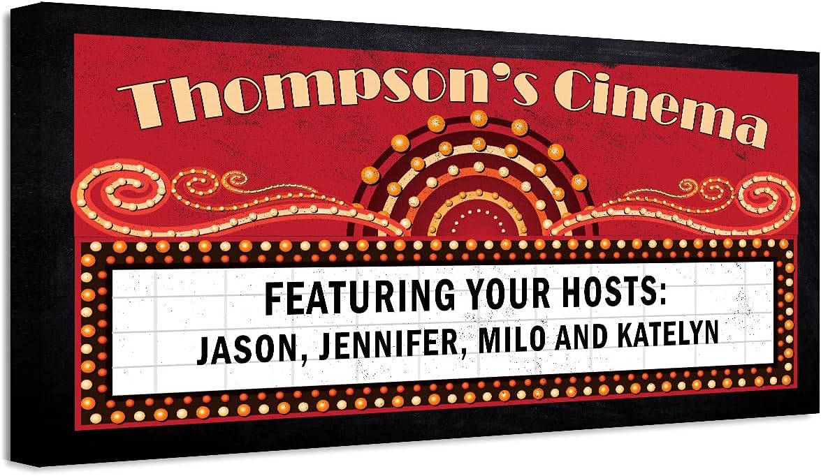 Paintings - Personalized Cinema Sign - Retro Vintage Home Theater Sign, Movie Room Display, Happy Hour Family Decoration, Custom Name and Family Members Name, Great Housewarming Gift, 30x60 Stretched Canvas Art