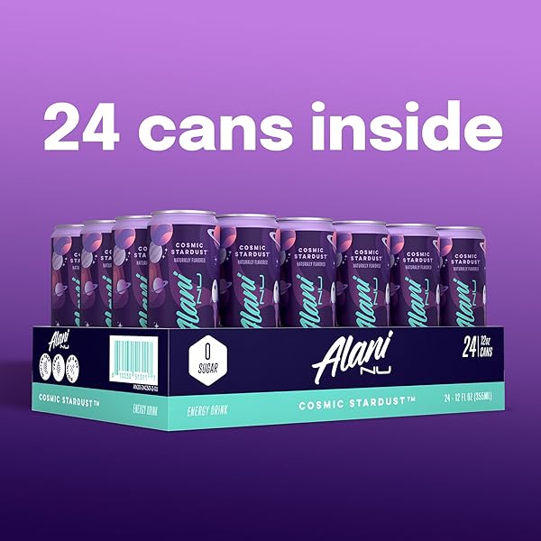ALANI NU COSMIC STARDUST, SUGAR FREE, LOW CALORIE ENERGY DRINKS, 200MG CAFFEINE, BIOTIN, B VITAMINS, ZERO SUGAR, 10 CALORIES, 12 FL OZ CANS, 24 PACK