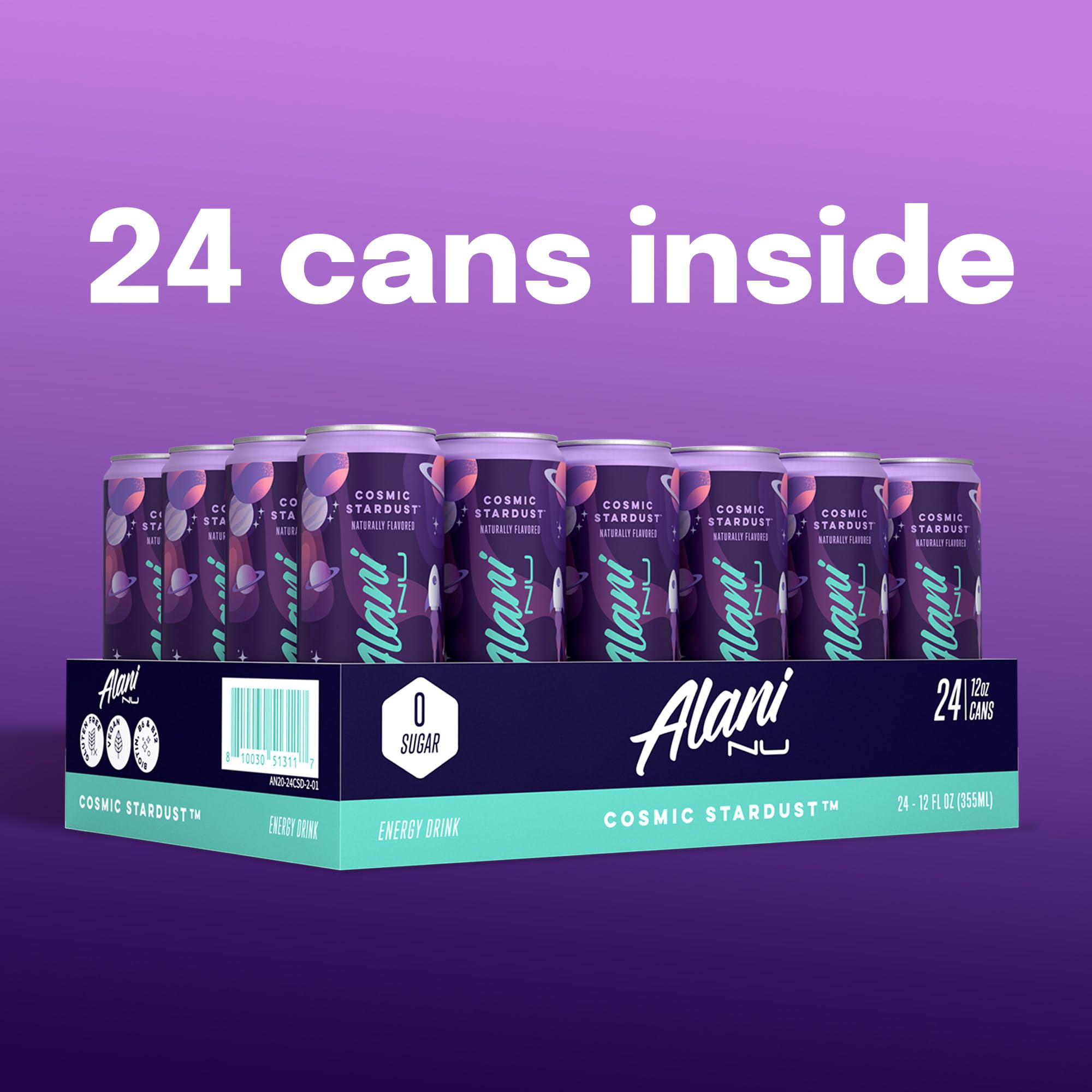 Alani Nu COSMIC STARDUST, Sugar Free, Low Calorie Energy Drinks, 200mg Caffeine, Biotin, B Vitamins, Zero Sugar, 10 Calories, 12 Fl Oz Cans, 24 Pack