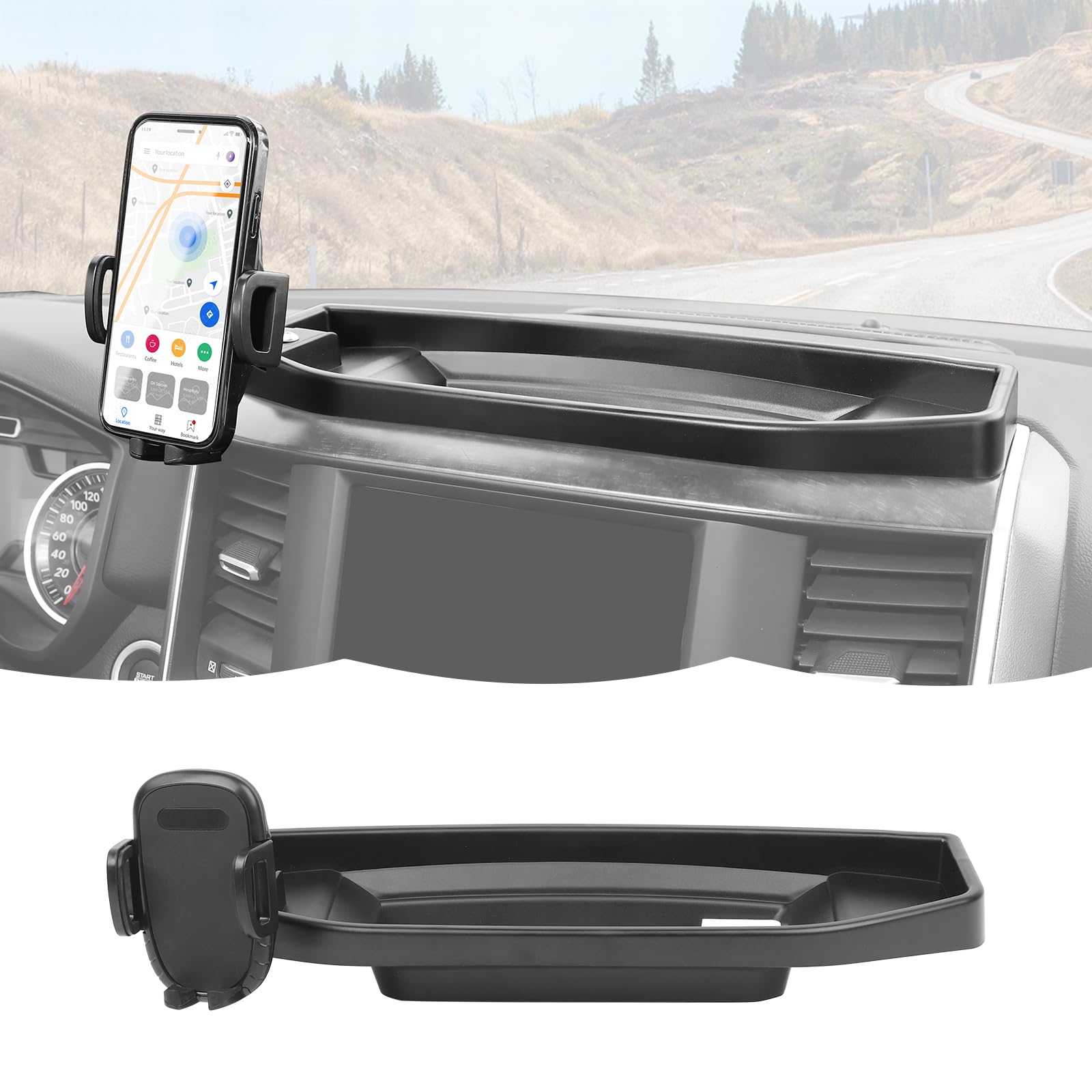 Photo 1 of RT-TCZ Cell Phone Holder Dash Mount Holder with Storage Box Bracket Center Console Interior Accessories Compatible with Dodge RAM 2018-2023,for 8.4-inch Screen