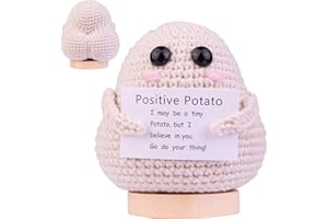 MuMyer Funny Positive Crochet Potato, Handmade Emotional Support Wool Knitting Potatoes Doll Car Dashboard Decoration Cheer Up Gift with Wooden Base for Car Home Office(White)