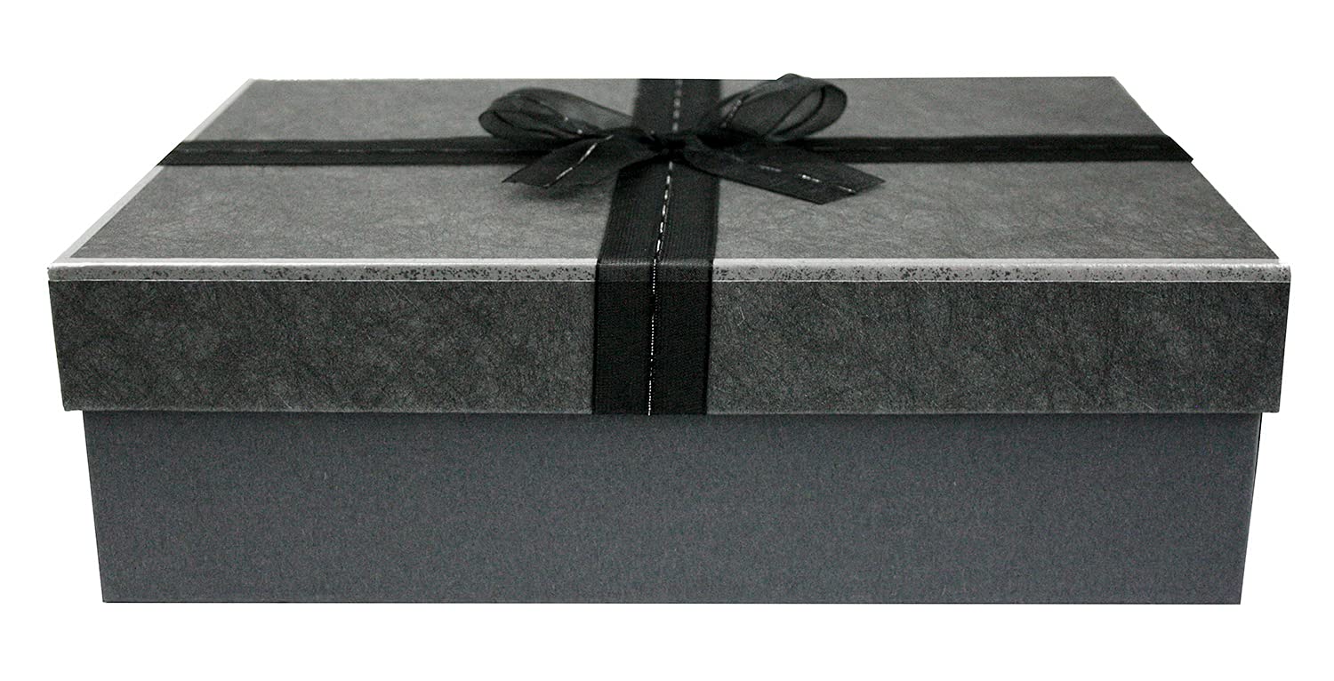 Emartbuy Black Paper + Dark Grey Rigid Gift Box with Ribbon Set of 3 – Large, Medium, Small – Luxury Cardboard Presentation Box | Premium Packaging for Hampers, Birthdays, Weddings, Corporate Gifting