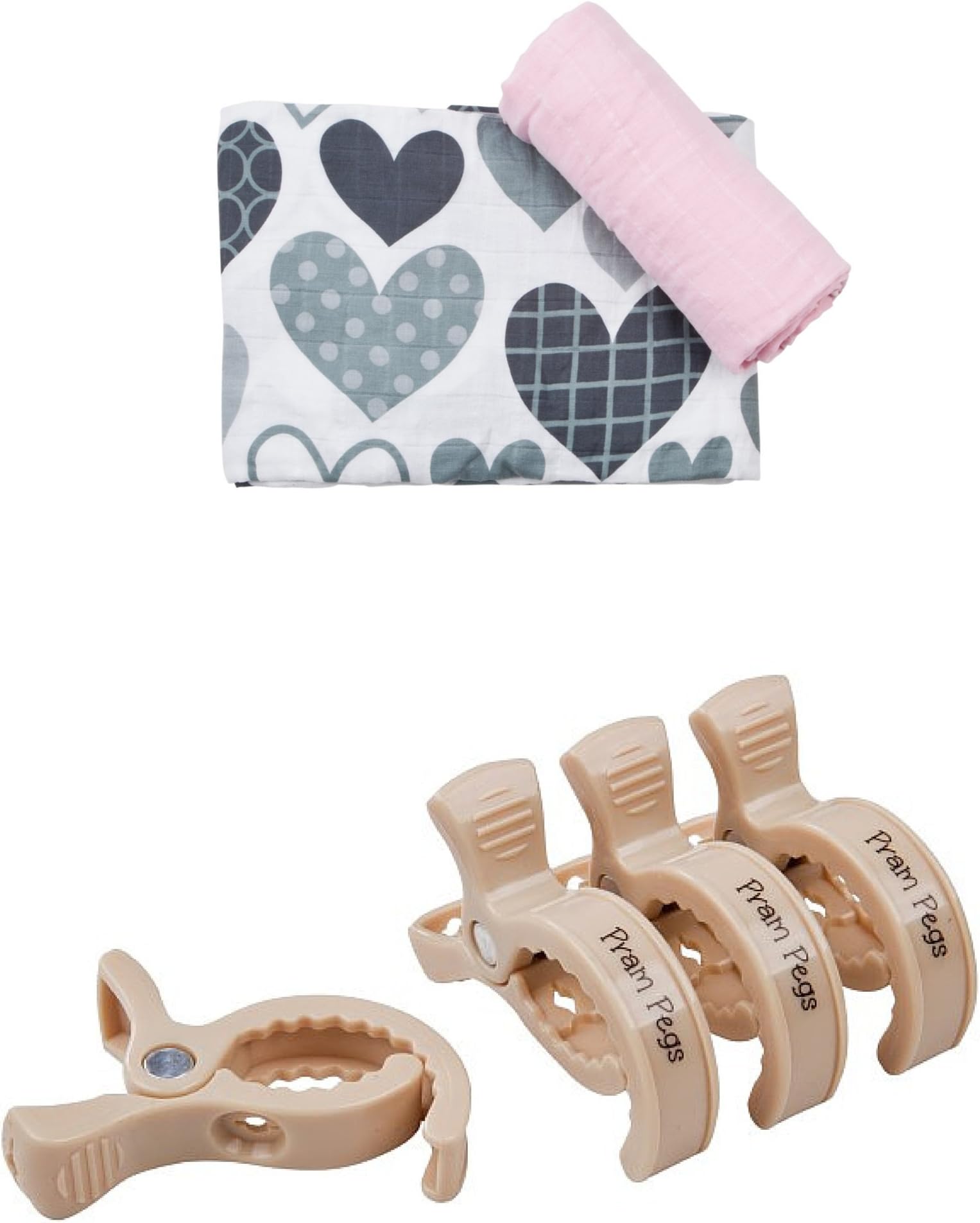 Little Rosa XL Premium Muslin Swaddles x 2 - Pink & Hearts with Pram Pegs Brown x 4. Attach to Pram/Buggy Quickly Securely