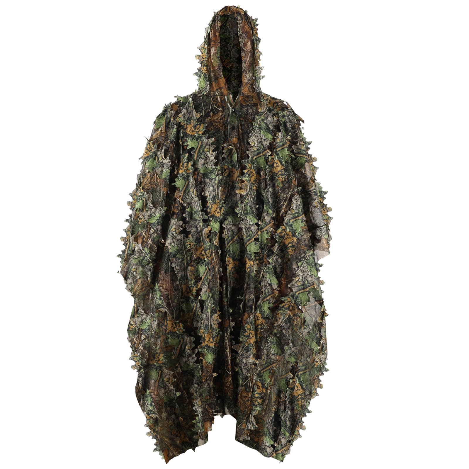 PELLOR Ghillie Suit Adults 3D Leaves Mens Camouflage Poncho Halloween Camo Netting Outdoor Airsoft Clothing Military CS Woodland Hunting Clothes Free Size