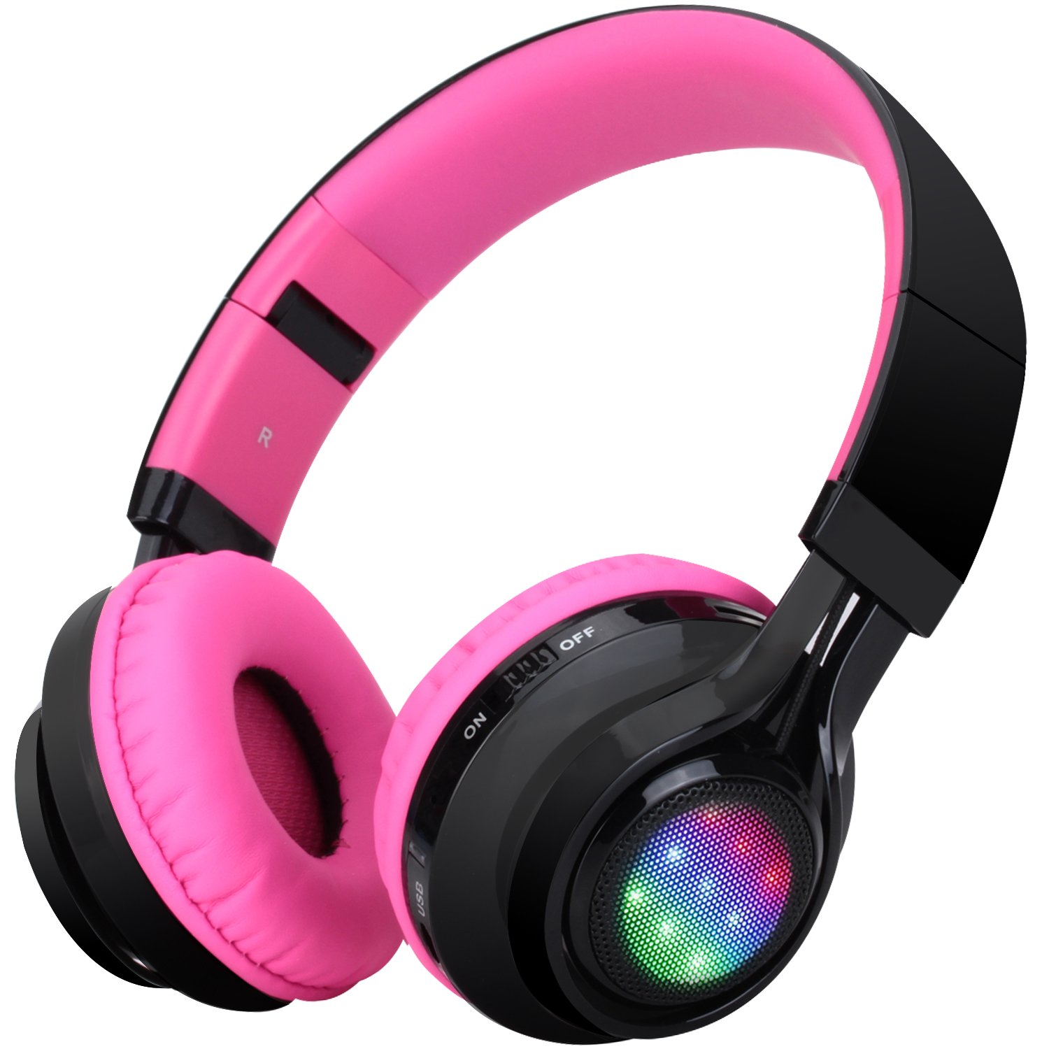Riwbox Bluetooth Headset, AB005 Wireless Headphones 5.0 with Microphone Foldable Headphones with TF Card FM Radio and LED light for Cellphones and All Bluetooth Enabled Devices (Black&Pink)