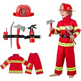 Seawhisper Firefighter Fireman Costume Kids Toddler Boys Girls 2T-6 | 10-Piece Complete Set, Extinguisher Really Sprays Water, Reflective Stripes for Night Safety, Role Play, Career Day, Ages 2-6
