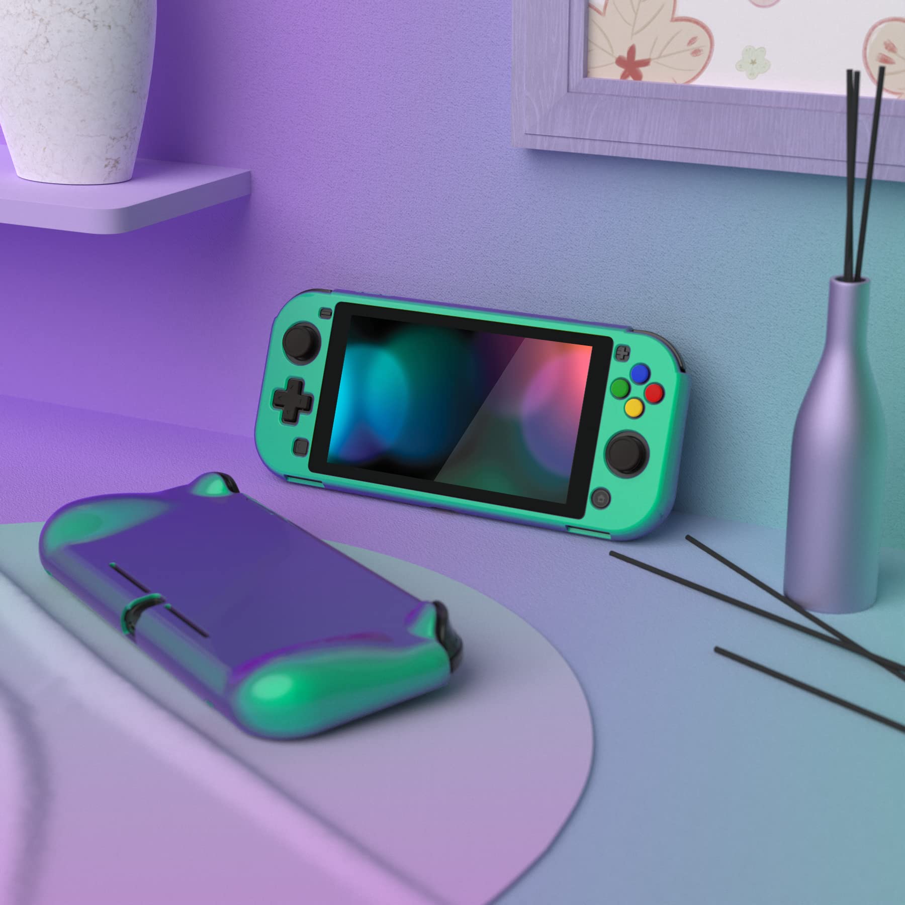 PlayVital ZealProtect Protective Case for Nintendo Switch Lite, Ergomomic Grip Hard Cover - Durable Shock-Absorbent Anti-Scratch with Screen Protector & Thumb Grip Button Cap, Chameleon Green Purple