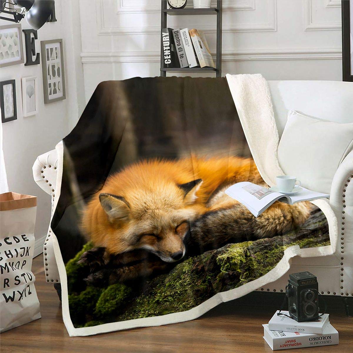 Loussiesd Kids Sherpa Throw Blanket - Fox Print Fleece Blanket, 3D Animal Theme, Plush, Double, 60"x79"