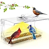 WENMIXER Window Bird Feeder with Non-Marking Self-Adhesive Hooks, Clear and Transparent, Outdoor Wild Bird Watching Gift, Garden Decor (with Solar Light)