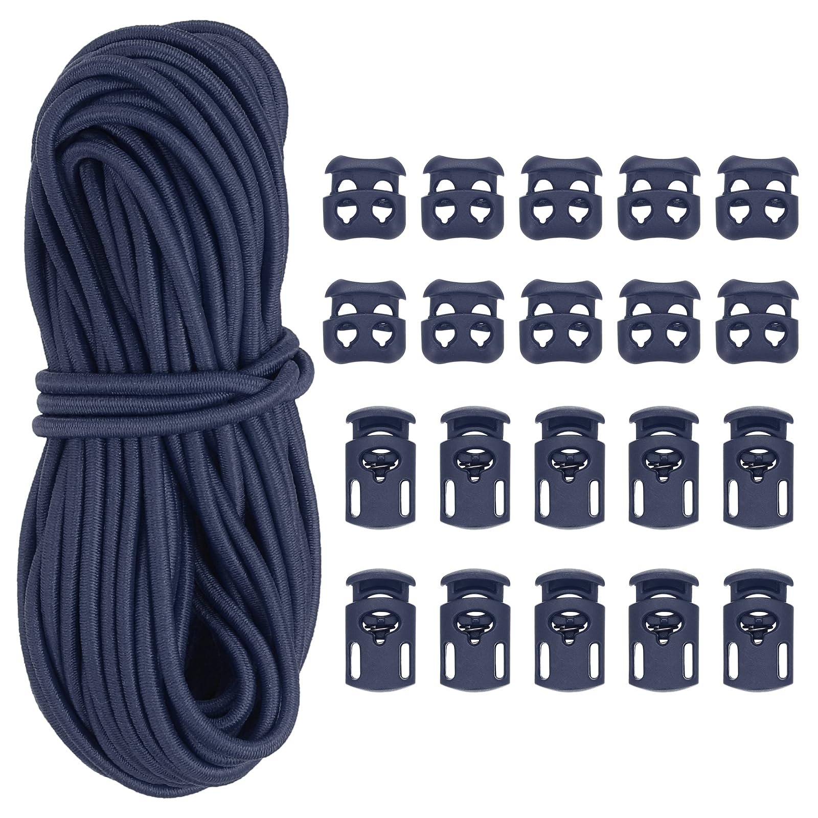 PATIKIL 16 Yard Elastic Bungee Cord & 10pcs Single Hole Cord Lock & 10pcs Double Hole Spring Toggle Stopper for Paracord Drawstring Shoelace Clothing Backpack Bags, Dark Blue