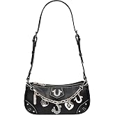True Religion Shoulder Bag, Black | Horseshoe Chain Purse with Crystal Patch, Logo Charms, Adjustable Strap and Gold Hardware