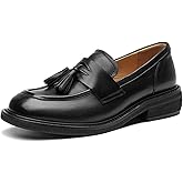 BEAU TODAY Penny Loafers for Women, Women’s Slip On Leather Loafers, Chunky Tassel Loafers Square Toe Shoes, Comfortable Dressy Business Casual Non-Slip Office Ladies Shoes