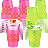 Qinyoung 30 Pcs Pink and Green Checkered Plastic Cups 16 oz Pink Orange and Green Yellow Gingham Cups Disposable for Bachelorette Wedding Birthday Pool Party Decorations Supplies