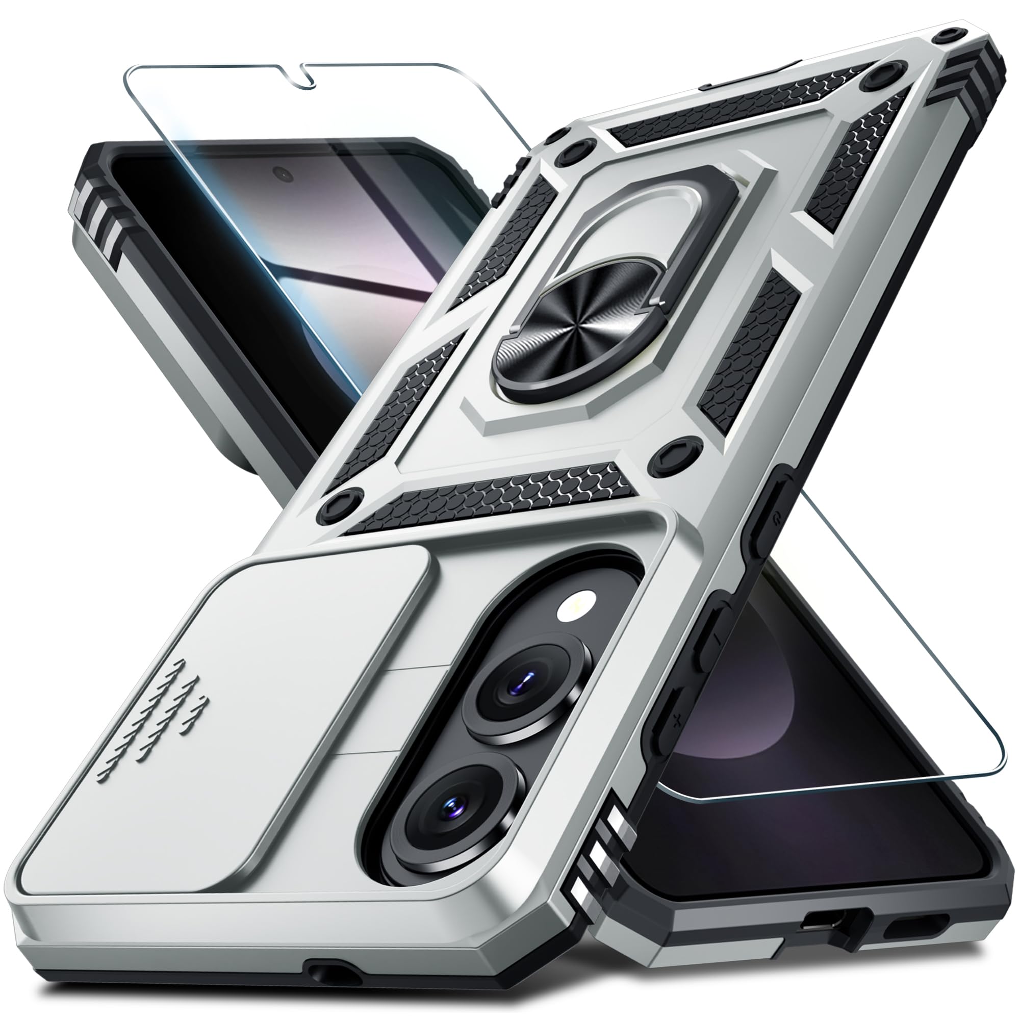Janmitta Compatible with Samsung Galaxy S25 Edge Case Built in Slide Camera Lens Cover+Screen Protector+Finger Ring Holder Kickstand,Heavy Duty Shockproof Full Body Phone Cover,2025 Silver