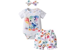 Openatey 3PCS Newborn Infant Baby Girl Clothes Romper Outfits Set Little Kids Summer Short Sleeve Tops Shorts Headband Set