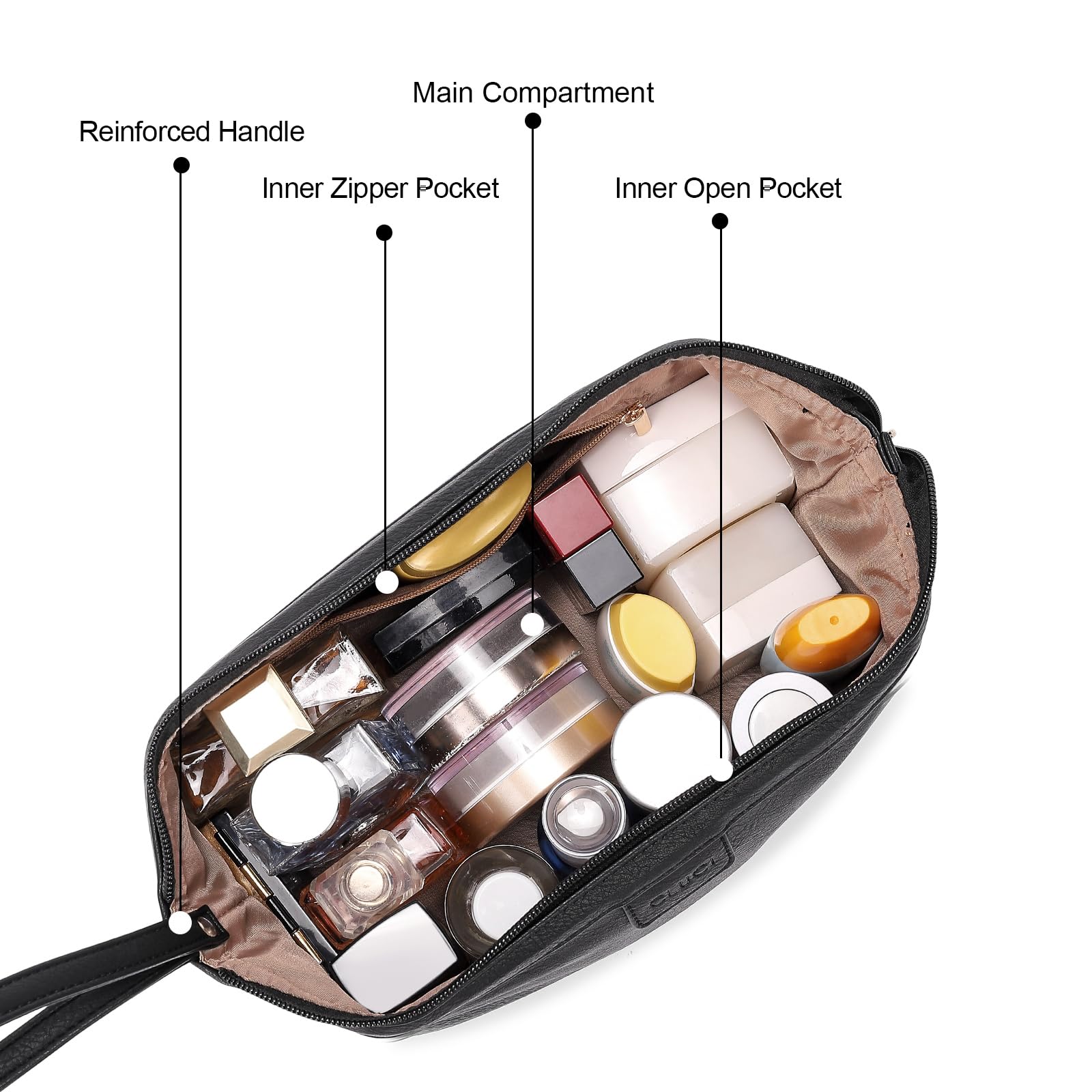 CLUCI Travel Makeup Bag, Double Layer Cosmetic Bag for Women, Large Capacity Makeup Organizer, Portable PU Leather Cosmetic Travel Bags,Water-resistant Traveling Toiletry Bag for Women and Girls