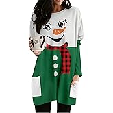MOUSYA Women Dress Shirt Christmas Long Sleeve Tops Santa Printed Pullover Loose Plus Size T-Shirt Blouse with Pockets